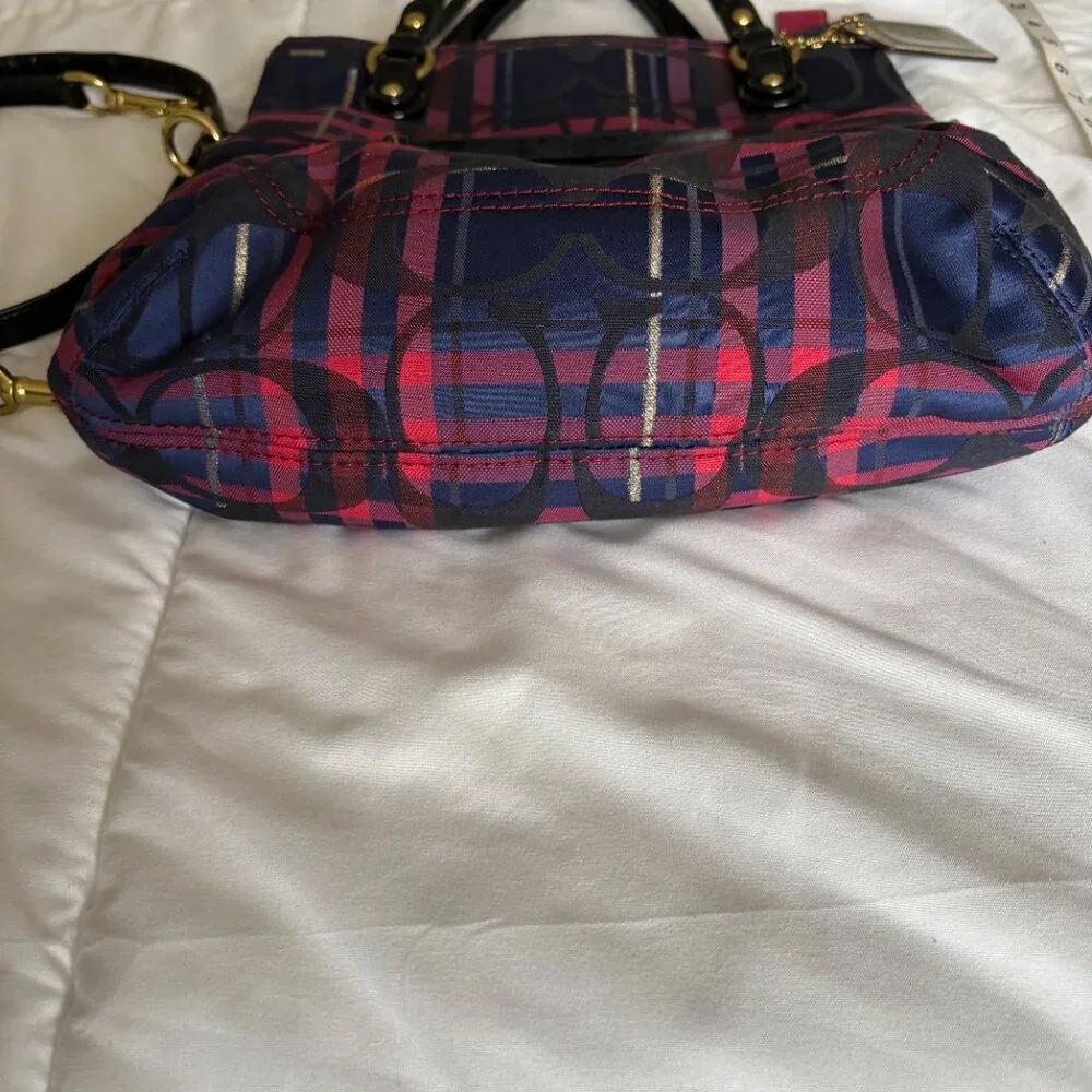 Coach Poppy 2way Shoulder Bag Red Blue Tartan Plaid Signature Canvas Patent Trim